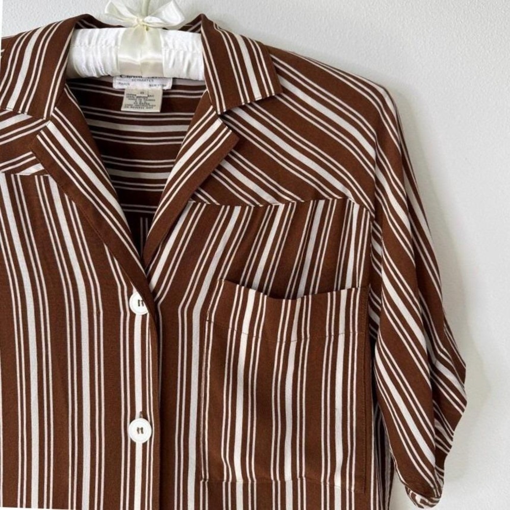 Vintage Christian Dior Brown/White Striped Blouse‎ 90s Designer Womens Top